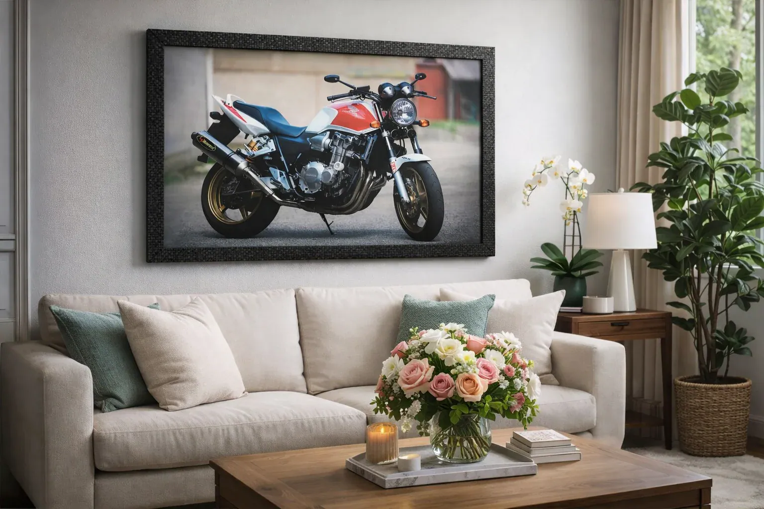 تابلو موتور CB 1300 در حالت خاموش بالای مبل پذیرایی